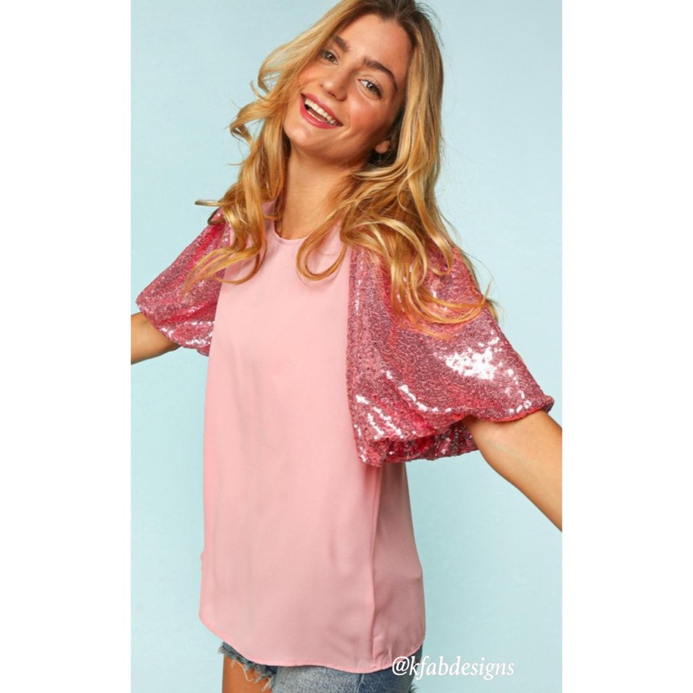 LAST 1! Bubble Gum Pink Puff Sequined Sleeve (Lined Sleeve) Top! - Picture 9 of 10